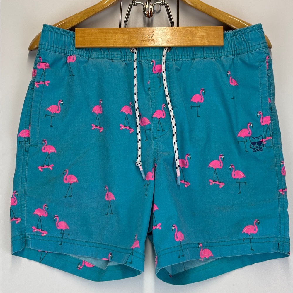 PARTY PANTS Mens Teal Green Swim Trunks Flamingo Size Small